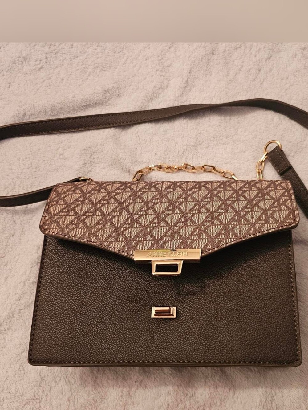 Anne Klein Brown Logo-Trim Crossbody with Gold Hardware